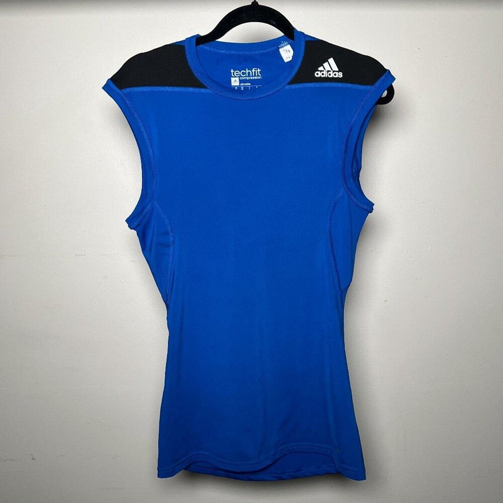 ADIDAS TECHFIT COMPRESSION CLIMALITE‎ BLUE AND BLACK CUT OFF SLEEVE SHIRT
